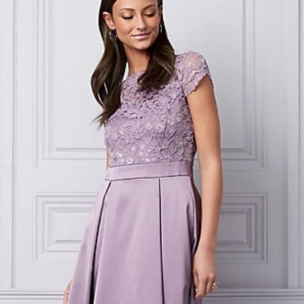 Lace and satin dress with illusion neckline